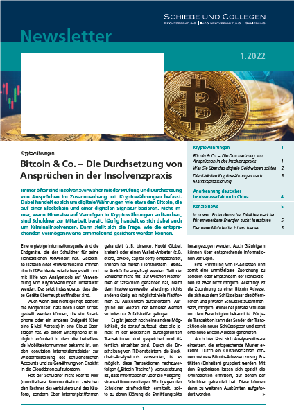 Newsletter 1/2022 Kryptowährungen: Bitcoin & Co. – Die Durchsetzung Von Ansprüchen In Der Insolvenzpraxis