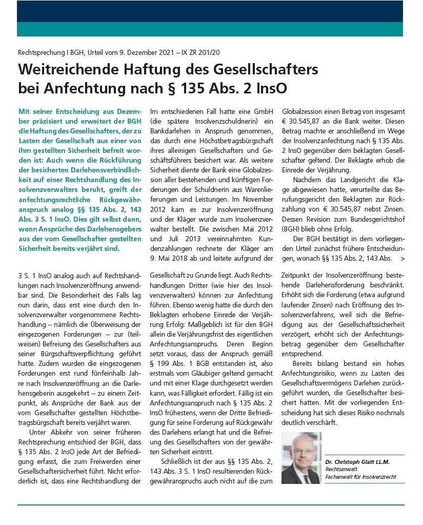 Weitreichende Haftung Des Gesellschafters Bei Anfechtung Nach § 135 Abs. 2 InsO