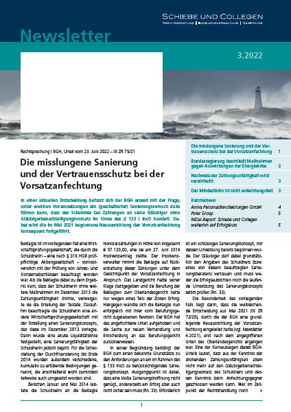 Newsletter 3/2022 Die Misslungene Sanierung Und Der Vertrauensschutz Bei Der Vorsatzanfechtung