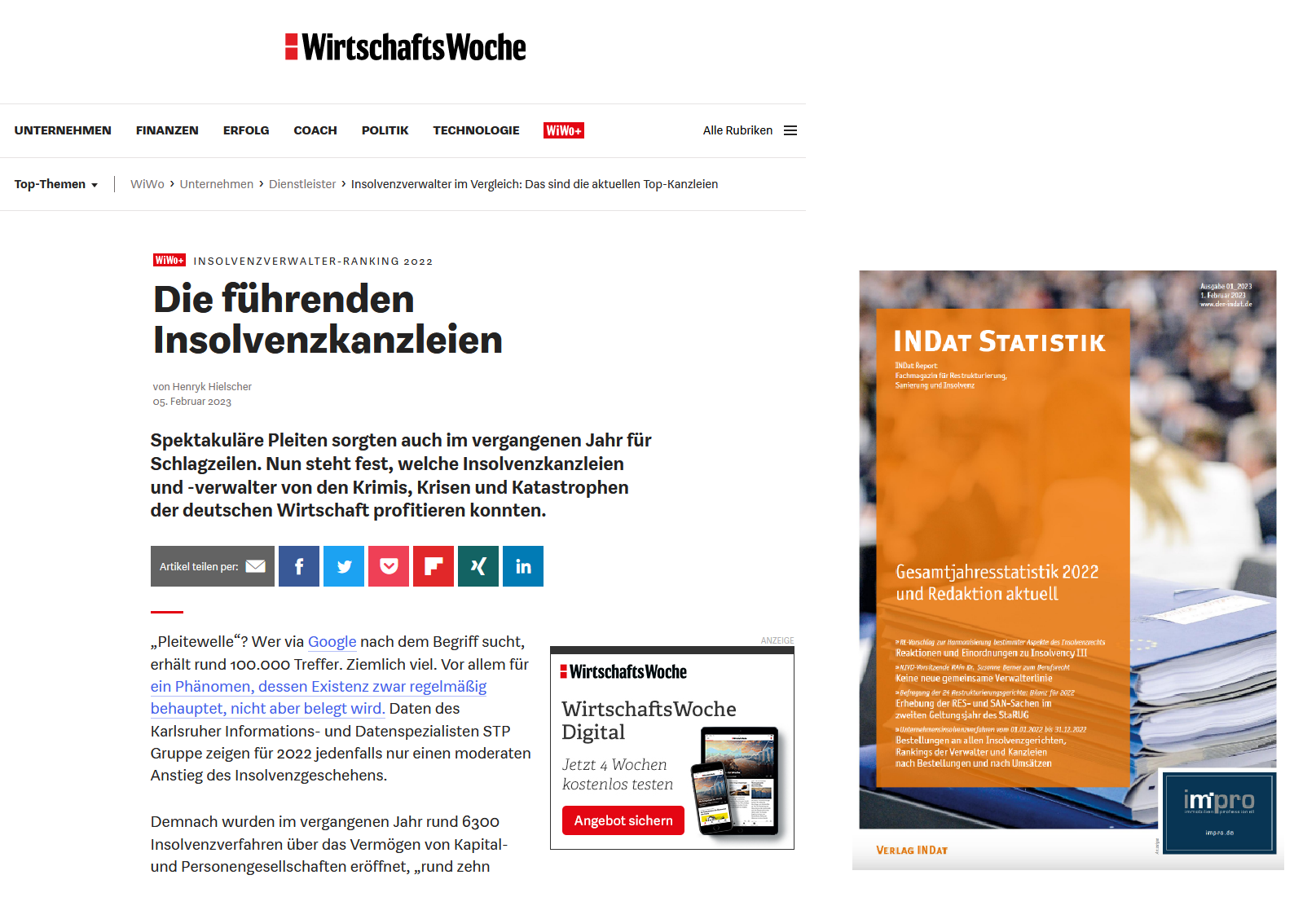 INDat-Report/WirtschaftsWoche: 释博律师事务所在破产管理人排行榜中均获前十名