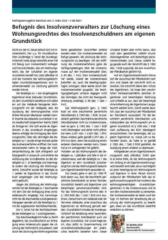 Befugnis Des Insolvenzverwalters Zur Löschung Eines Wohnungsrechtes Des Insolvenzschuldners Am Eigenen Grundstück