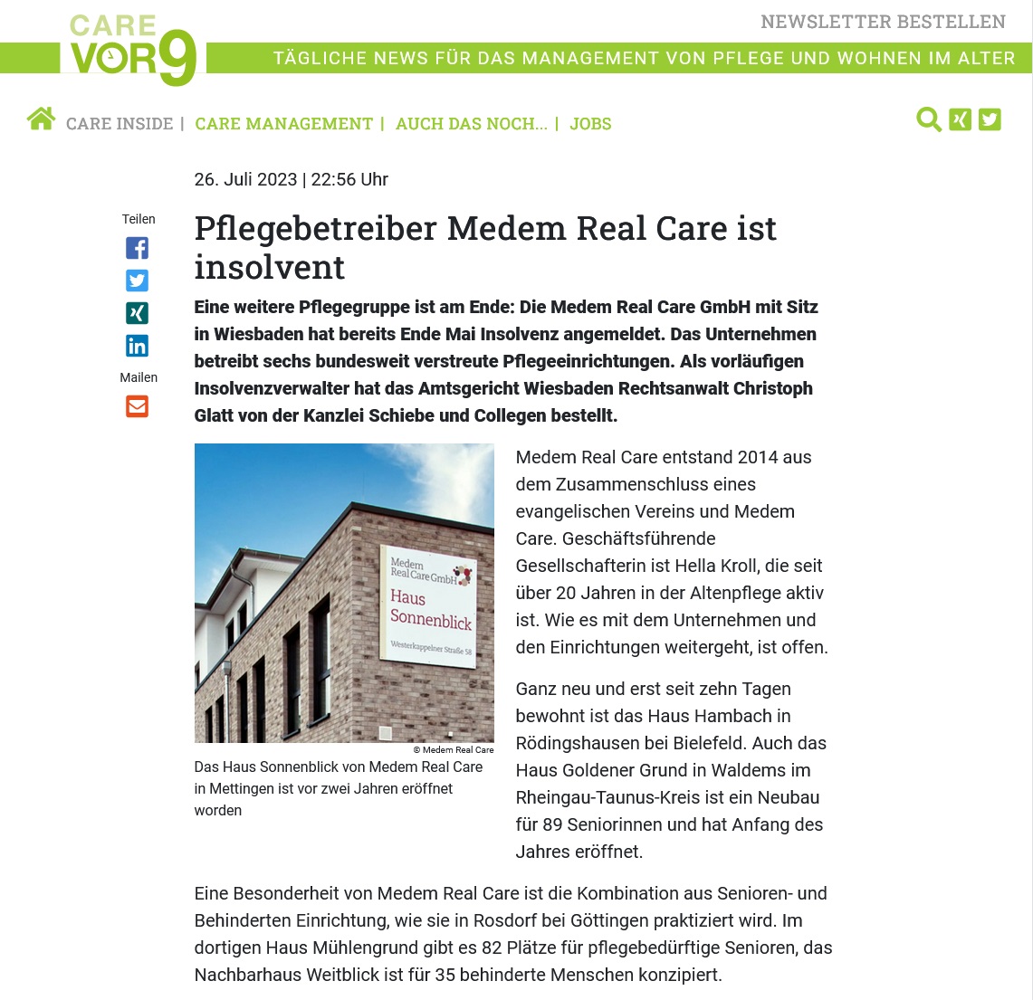 Carevor9.de: Pflegebetreiber Medem Real Care Ist Insolvent
